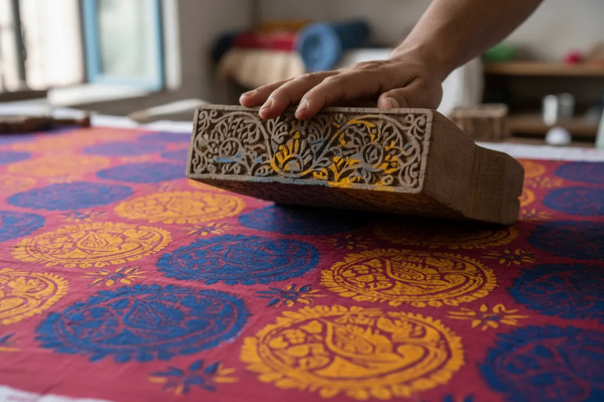 Hand holding a wooden block with intricate carvings on a colorful fabric background