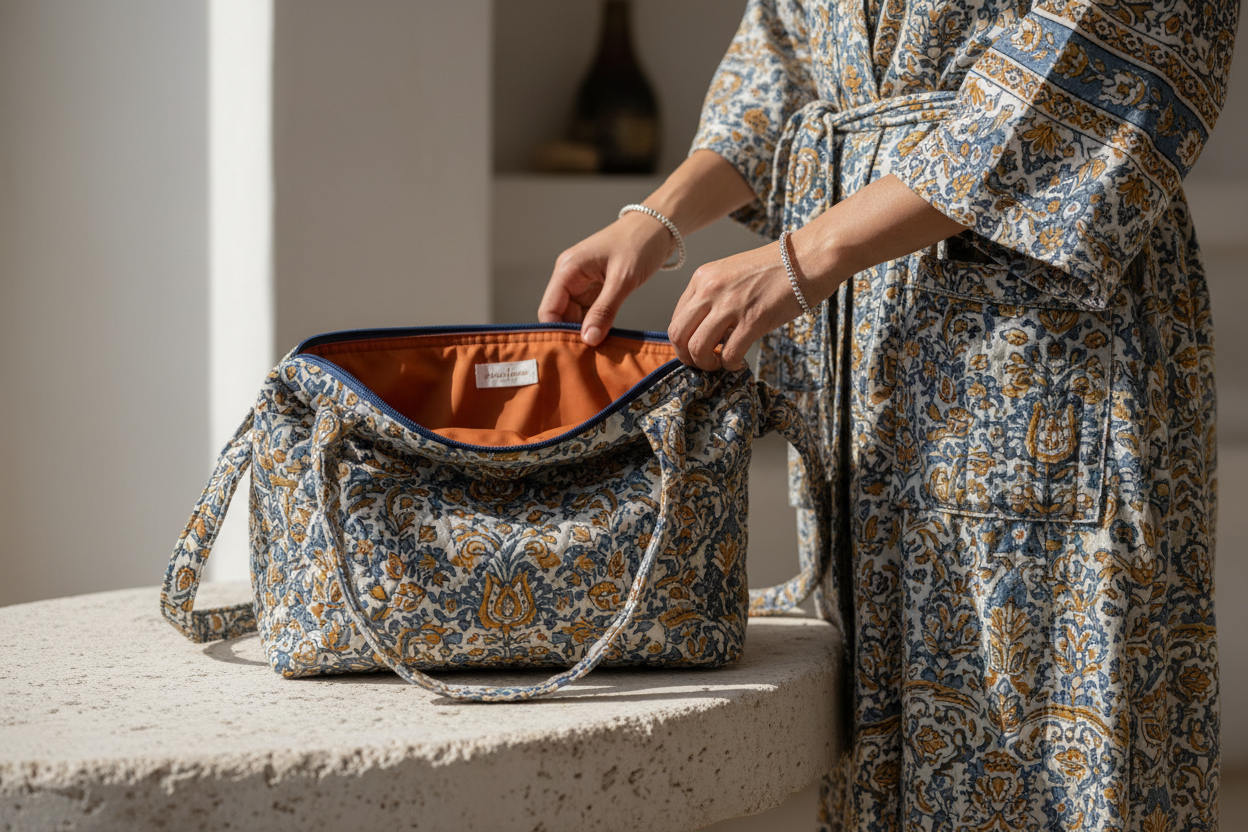 A high-end product lifestyle shot focusing on the functional details of a quilted hand-block printed bag. The bag is open, revealing a glimpse of a modern, satin-finish waterproof lining in a contrasting solid color. Next to the bag, a pair of hands is adjusting a matching cotton bathrobe, emphasizing a large, deep side pocket.