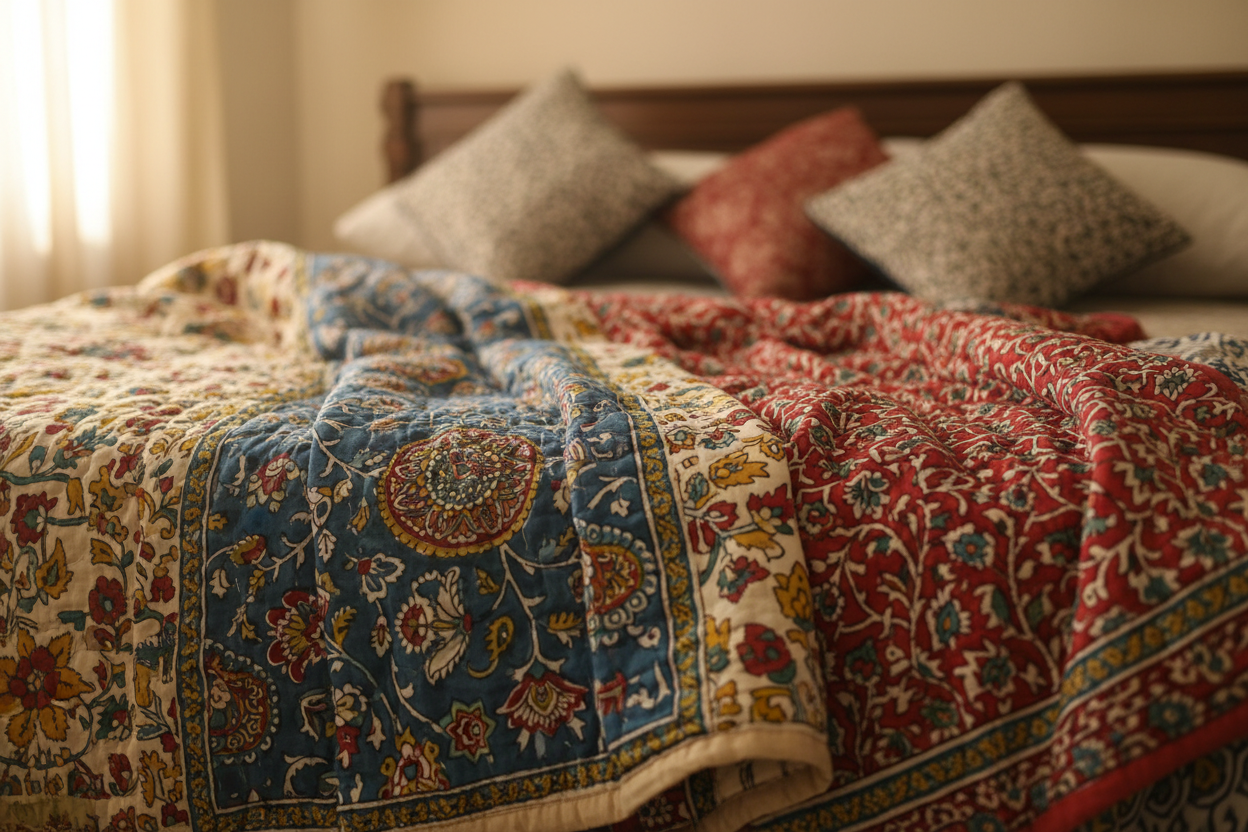 A soft-focus shot of your hand-block quilts or a serene view of your studio.