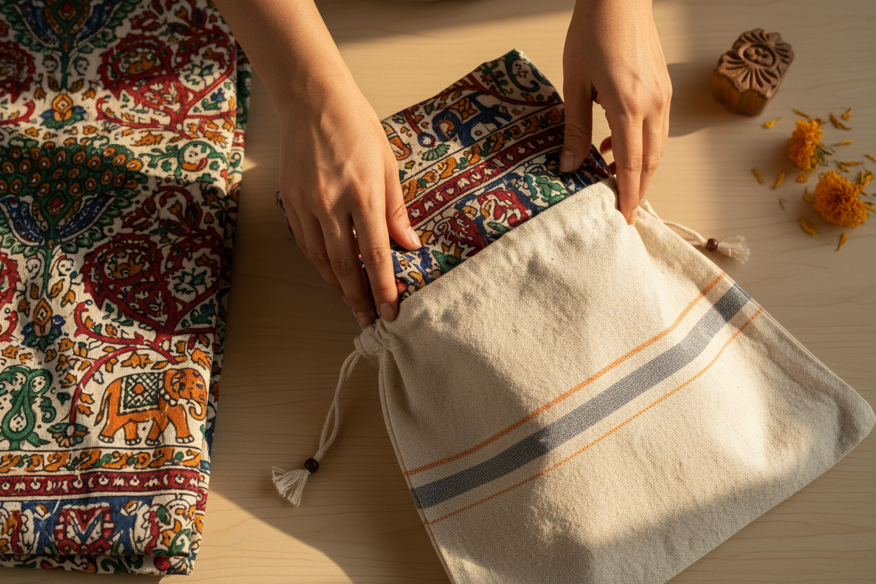 A top-down or close-up shot of a pair of hands neatly folding a bathrobe or a quilt into your signature cloth bag or a beautiful box.
