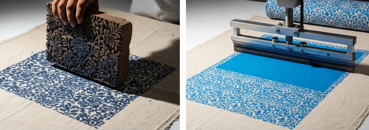 Two images showing a patterned mat being pressed with a roller and a machine.
