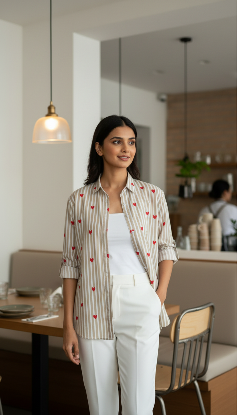 Woman standing in a modern kitchen wearing a patterned shirt and white pants.
