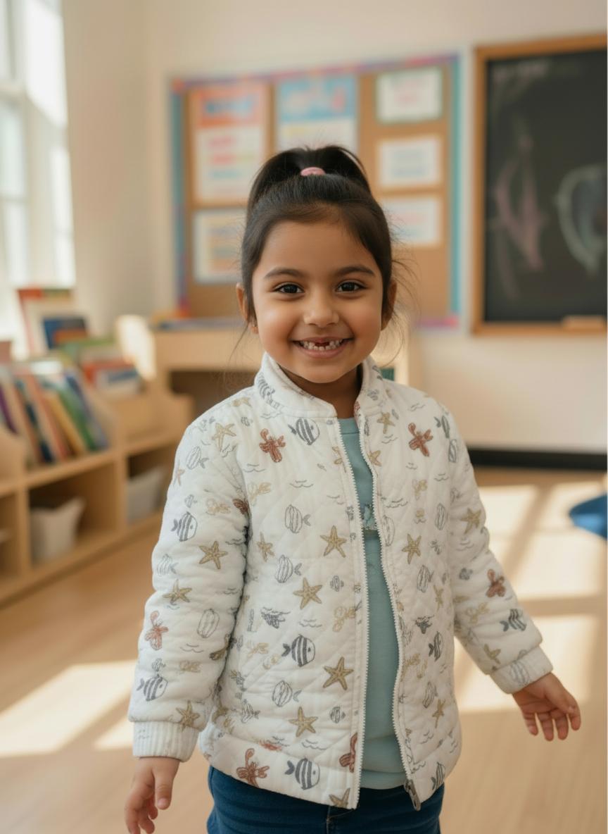 Child wearing a patterned jacket in a classroom setting