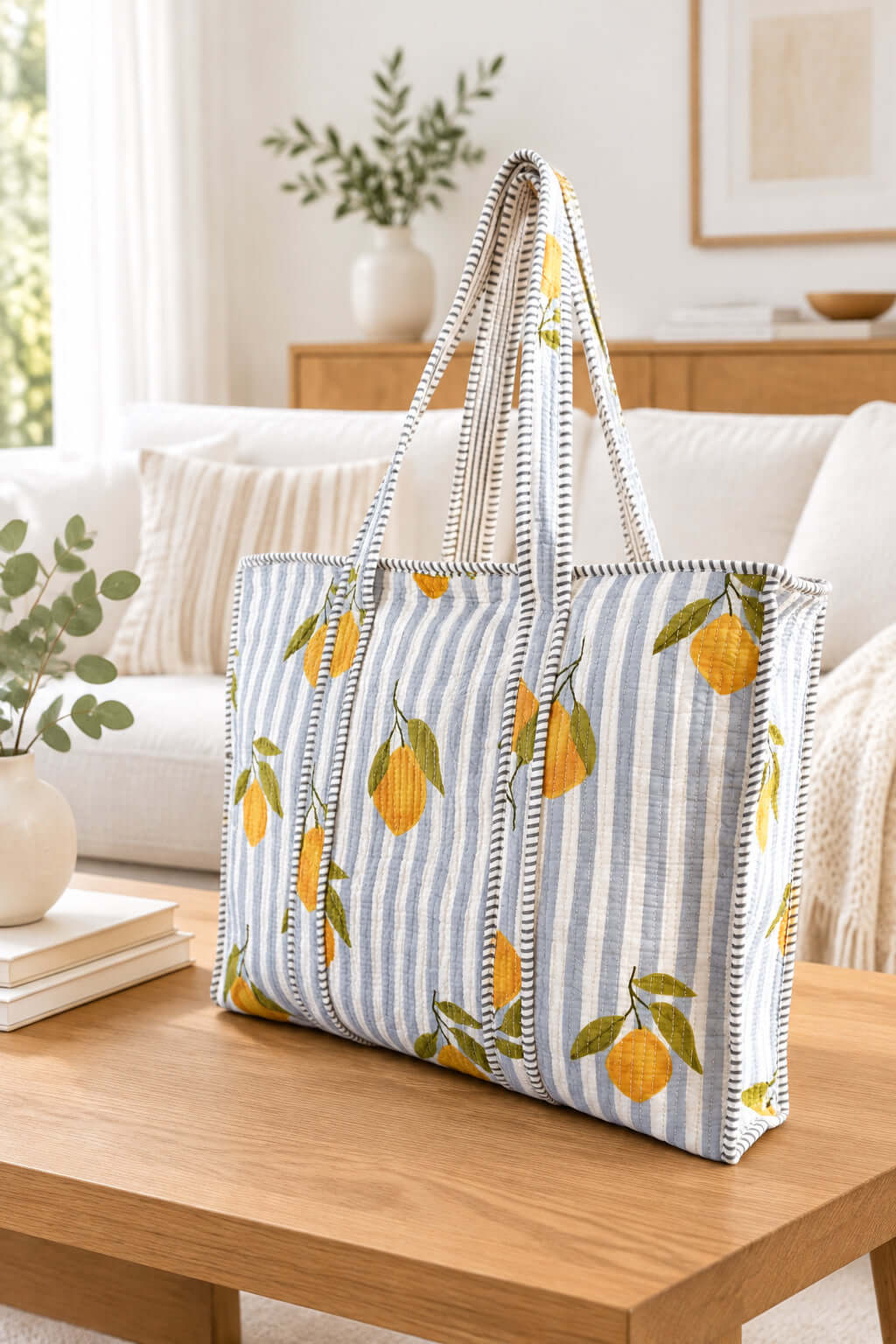 Lemons on bluish grey stripes hand block printed large cotton tote bag for women