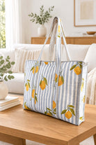 Lemons on bluish grey stripes hand block printed large cotton tote bag for women