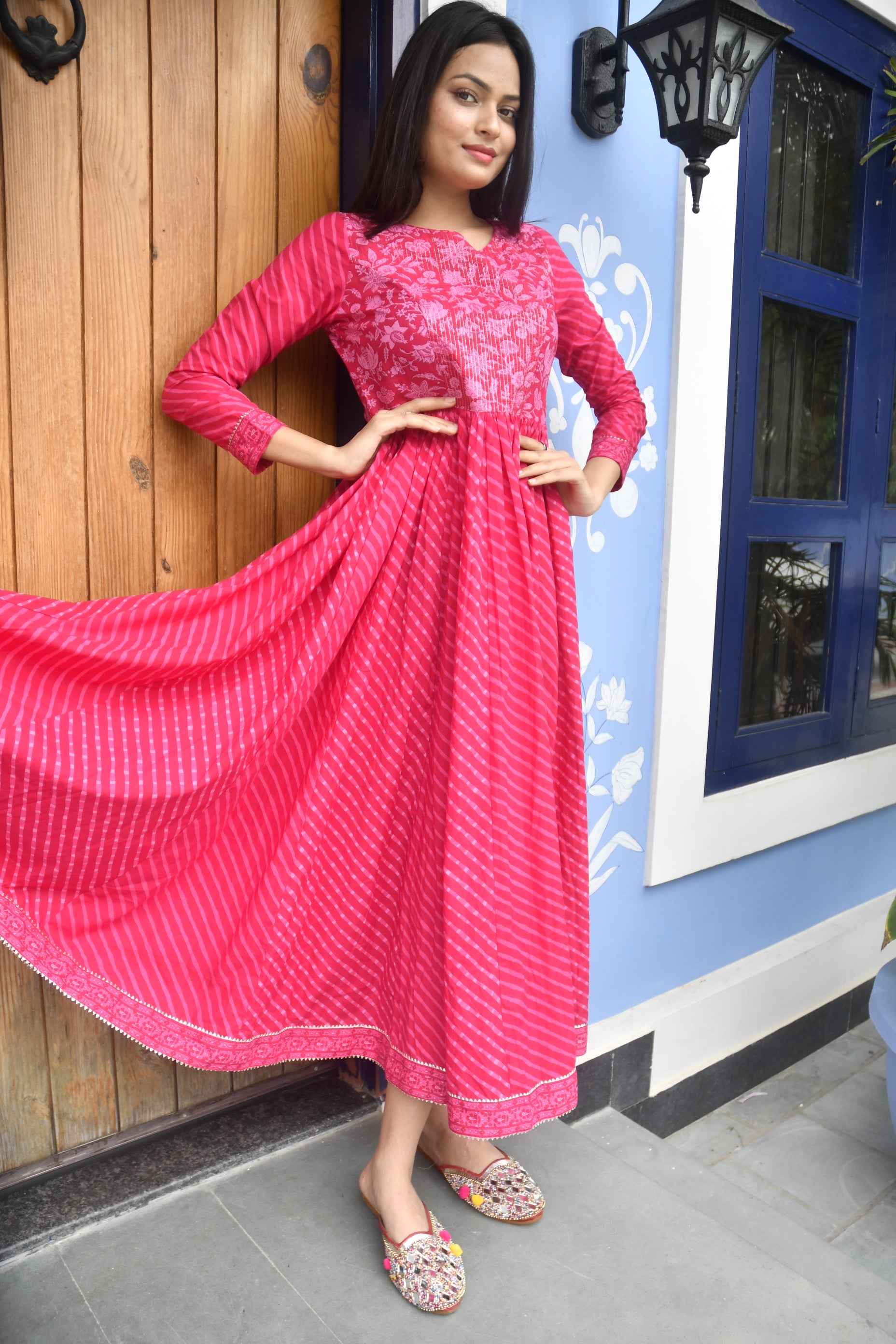 Pink Lehariya Anarkali Kurta: Rajasthani Charm