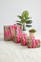 Set of pink and gold striped bags with a plant in the background on a white surface