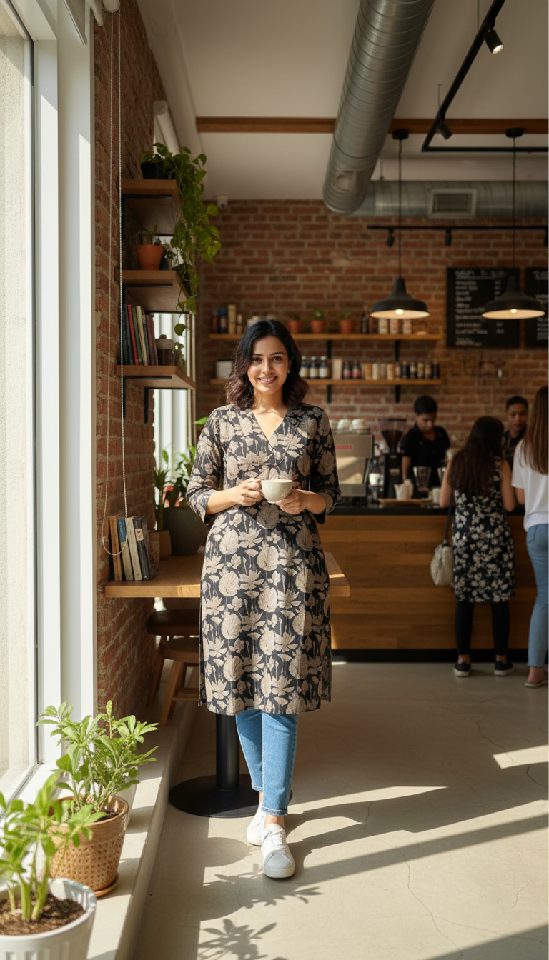 Woman standing in a modern cafe holding a cup, with shelves and plants in the background.