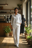 Woman standing in a coffee shop with plants and shelves in the background