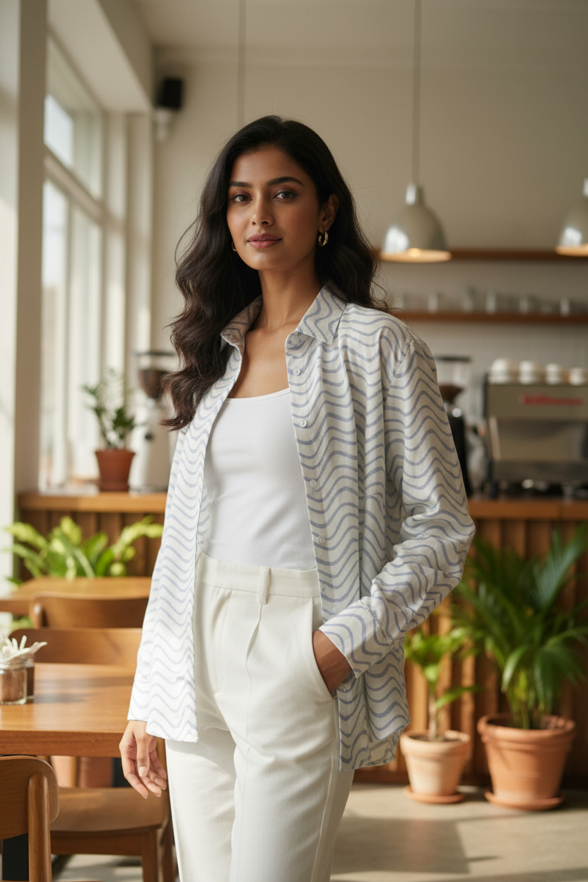 Woman standing in a modern cafe with plants and wooden furniture.