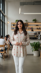 Woman standing in a modern cafe with heart-patterned shirt